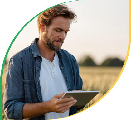 Produtor rural consultando o marketplace PopAgro em um tablet