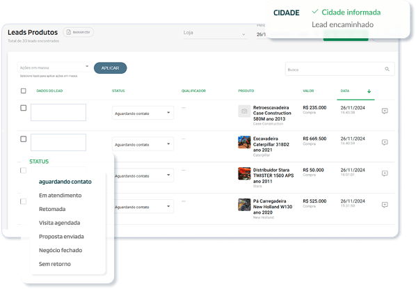 Tela de gestão de leads da PopAgro com a lista de propostas, o status de atendimento e a confirmação de cidade informada