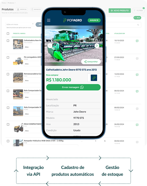Painel de produtos da PopAgro com um anúncio aberto no celular e o fluxo de integração: Integração via API, Cadastro de produtos automático e Gestão de estoque