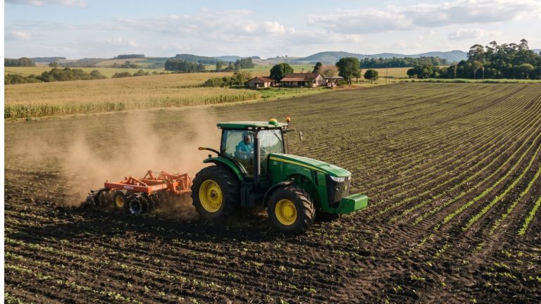 Trator verde moderno trabalhando no preparo do solo em uma grande propriedade rural, ilustrando o uso de maquinário pesado no campo.