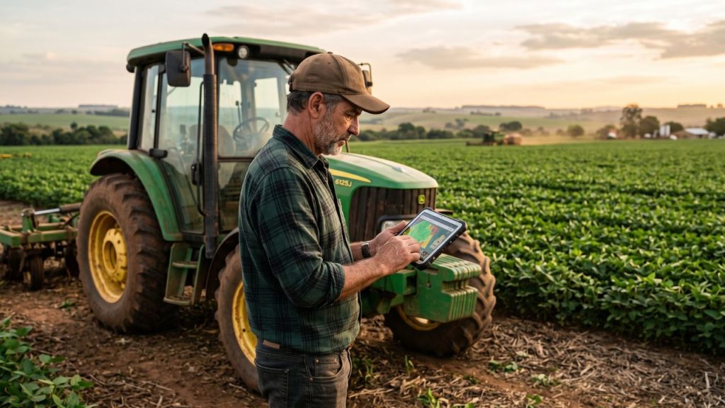 Produtor rural consulta tablet ao lado de trator agrícola em lavoura de soja ao entardecer
