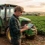 Produtor rural consulta tablet ao lado de trator agrícola em lavoura de soja ao entardecer