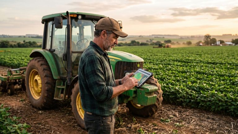 Produtor rural consulta tablet ao lado de trator agrícola em lavoura de soja ao entardecer