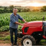 Produtor rural sorridente ao lado de trator compacto vermelho em plantação de milho ao entardecer