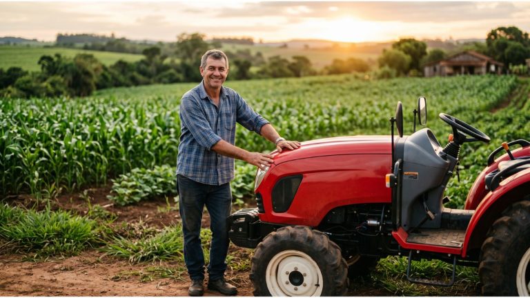 Produtor rural sorridente ao lado de trator compacto vermelho em plantação de milho ao entardecer