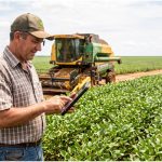 Agricultor usando tablet em uma plantação, com uma colheitadeira estacionada ao fundo.