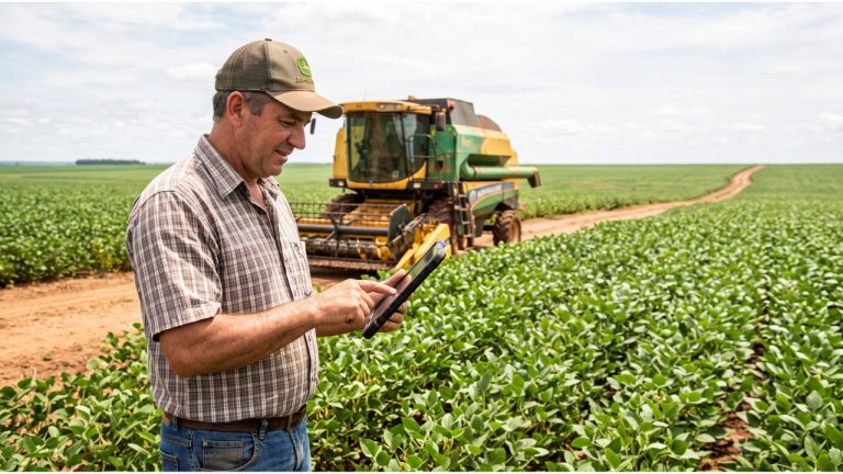 Agricultor usando tablet em uma plantação, com uma colheitadeira estacionada ao fundo.