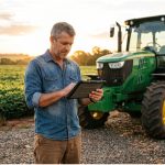 Produtor rural consultando tablet ao lado de trator agrícola em propriedade rural, ilustrando o registro de máquinas agrícolas no Renagr