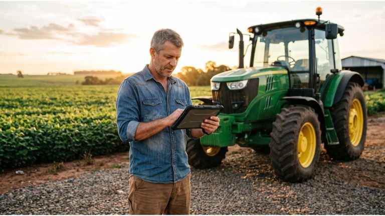 Produtor rural consultando tablet ao lado de trator agrícola em propriedade rural, ilustrando o registro de máquinas agrícolas no Renagr