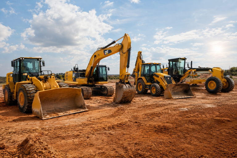 Máquinas de linha amarela, incluindo escavadeira hidráulica, pá carregadeira e retroescavadeira em um canteiro de obras.